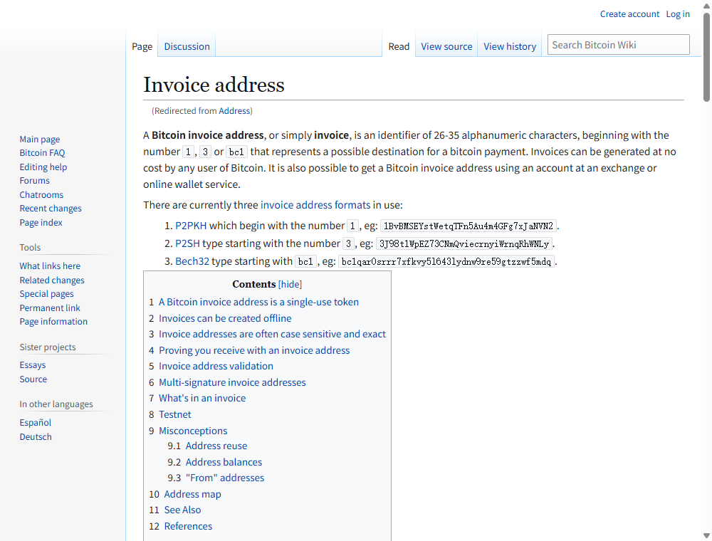 Bitcoin Wiki 的地址词条页面：列出三种比特币地址格式，分别以 1、3 和 bc1 开头，每种都给出一条示例地址